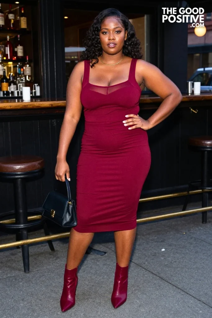 Plus Size Mesh Insert Fitted Dress With Structured Mini Bag Outfit