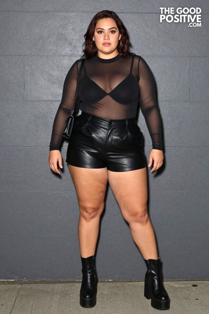Plus Size Mesh Sheer Long-Sleeve Bodysuit With High-Waist Leather Shorts Outfit