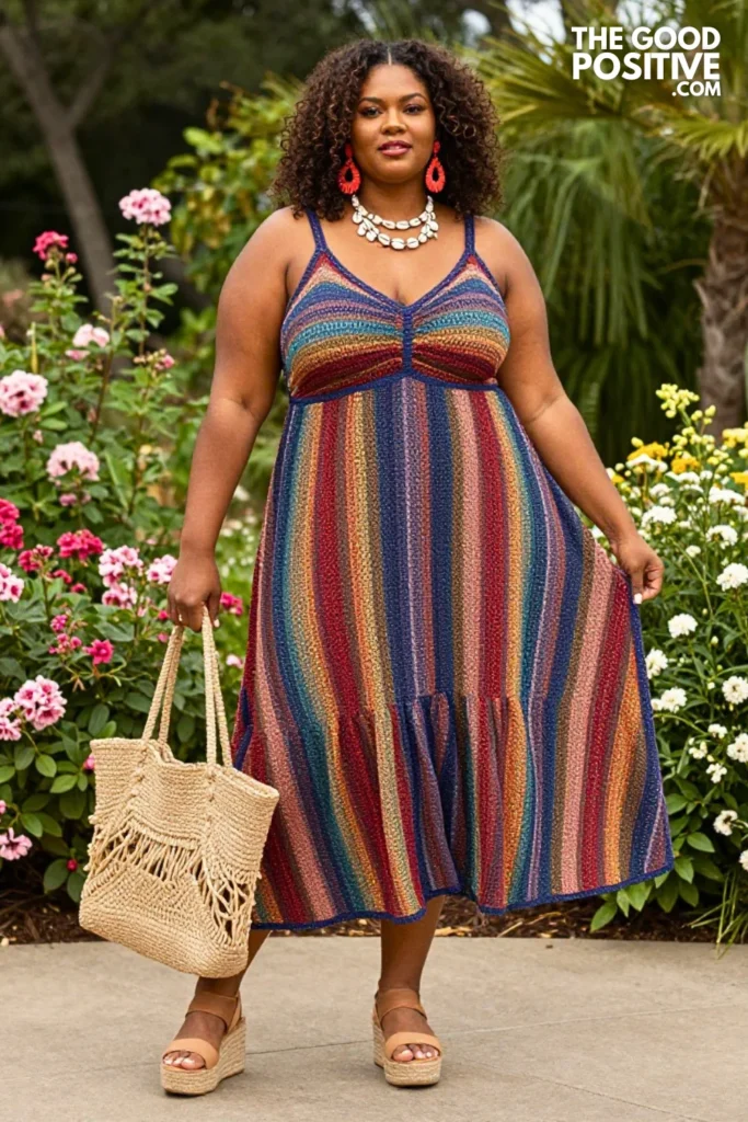 Plus Size Multicolor Crochet Overlay Dress With Platform Espadrilles And Raffia Bag Outfit