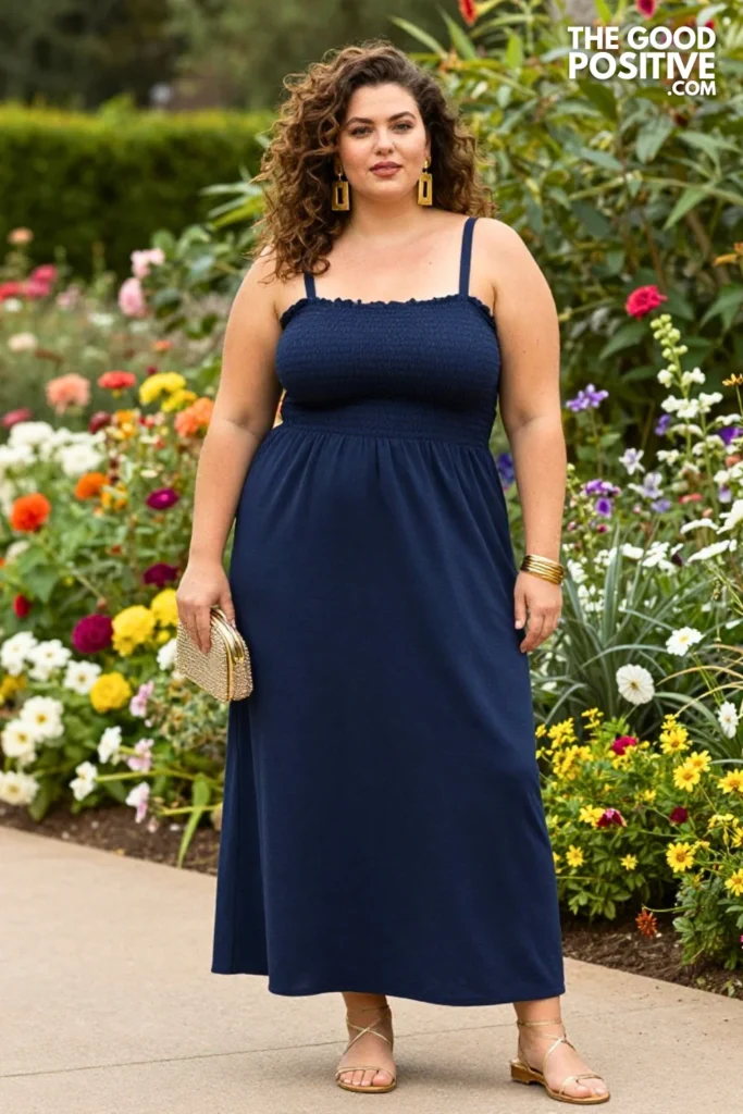 Plus Size Navy Smocked Maxi Dress With Gold Sandals And Statement Earrings Outfit