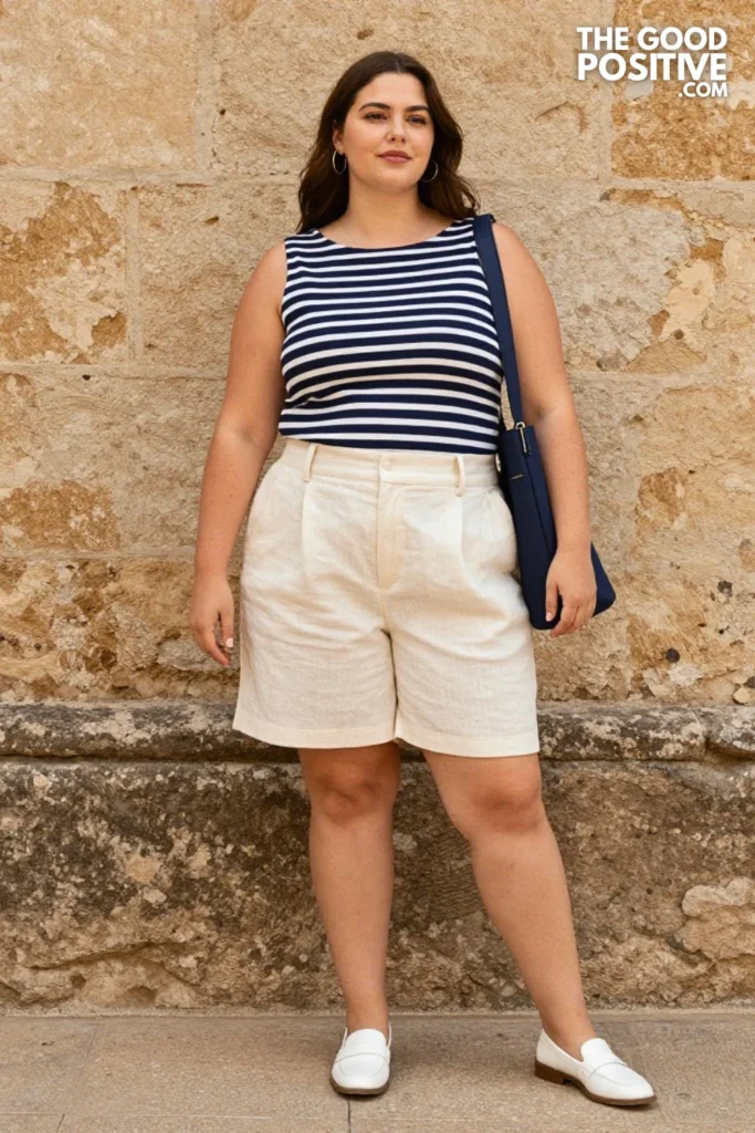 Plus Size Navy Striped Boatneck Top and Tailored Cream Shorts Outfit