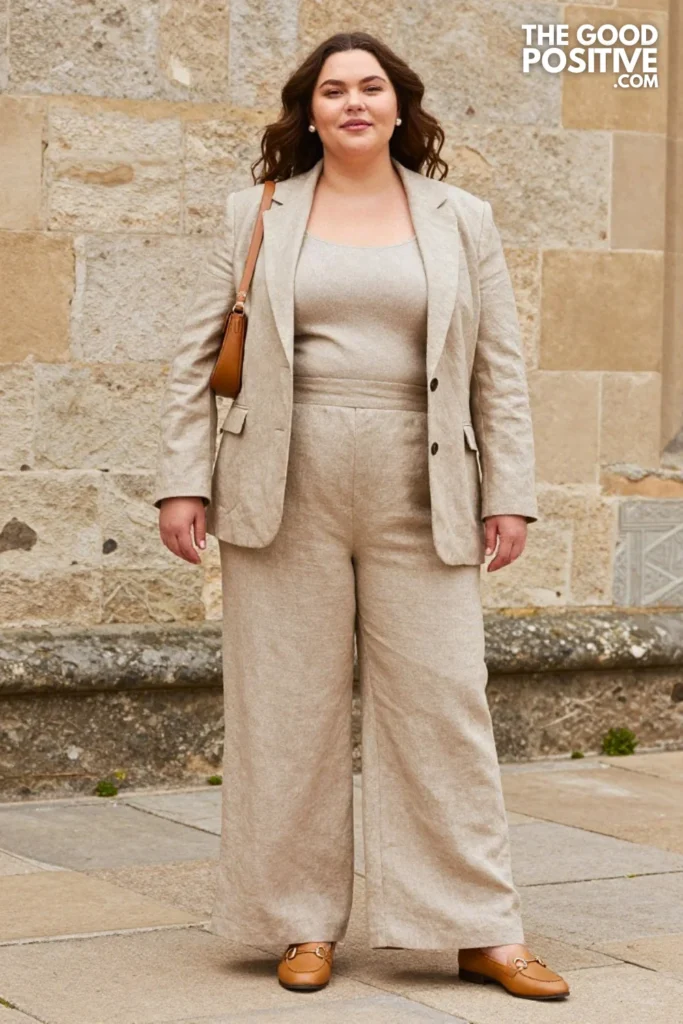 Plus Size Oatmeal Linen Jumpsuit with a Structured Blazer Outfit