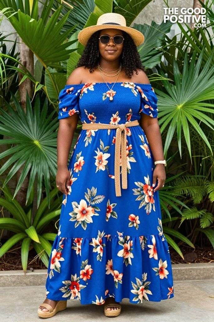 Plus Size Off-Shoulder Smocked Maxi Dress With Woven Belt Outfit