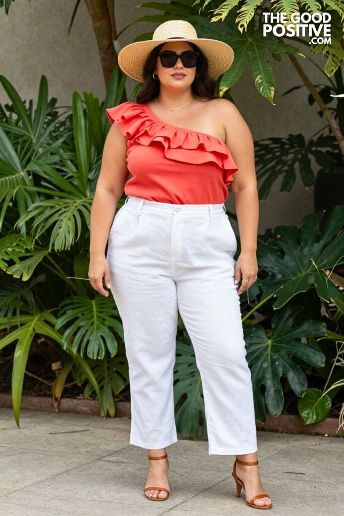 Plus Size One-Shoulder Ruffled Top With Straight-Leg Linen Pants Outfit