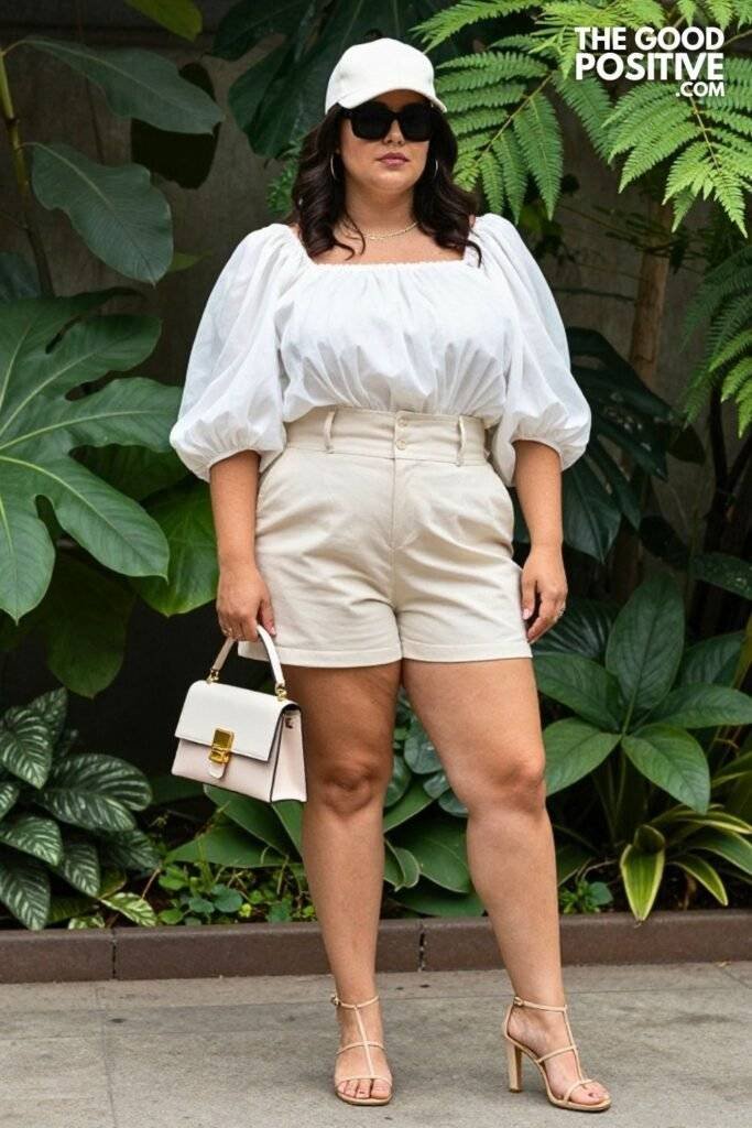 Plus Size Organza Puff-Sleeve Blouse With Tailored Shorts Outfit