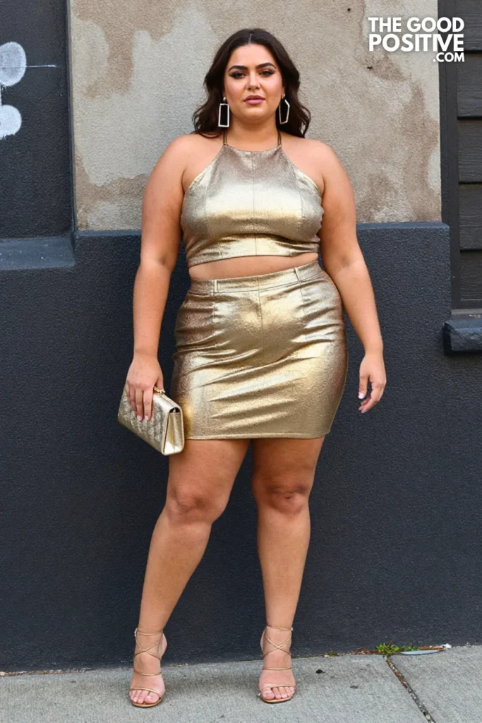 Plus Size Party Outfit With Sequin-Free Metallic Mini Skirt And Halter Top