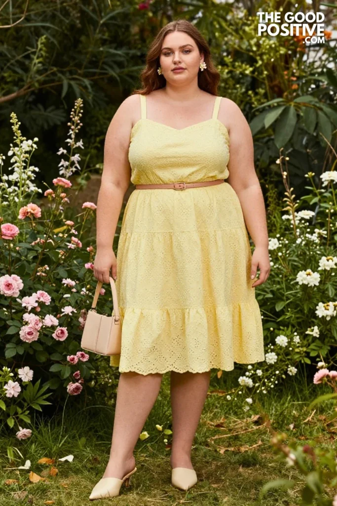 Plus Size Pastel Eyelet Sundress With Kitten Heels And Mini Bag Outfit
