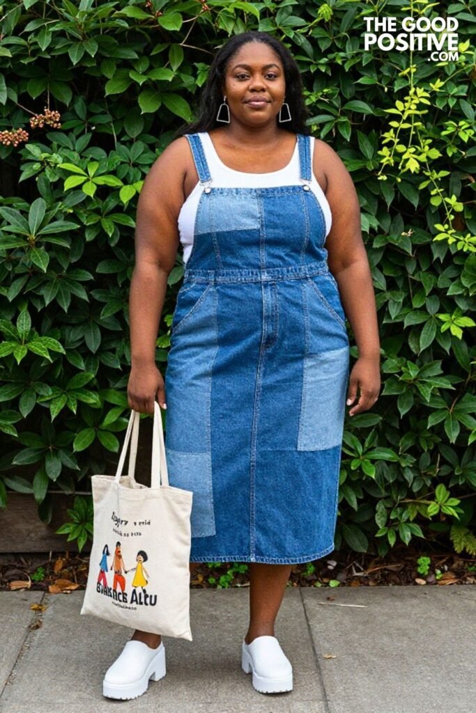 Plus Size Patchwork Denim Sundress With Graphic Tee Layered Underneath Outfit