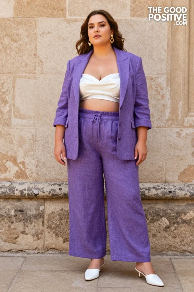 Plus Size Periwinkle Linen Suit with a Silk Bandeau Outfit