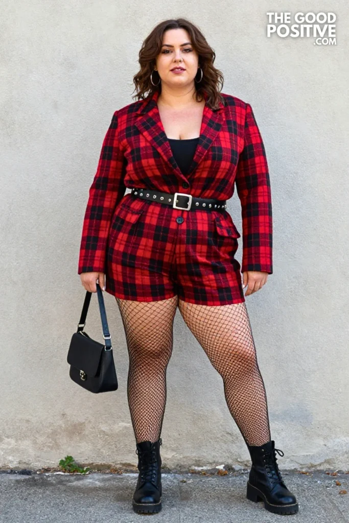 Plus Size Plaid Co-Ord Shorts Set With Combat Boots Outfit