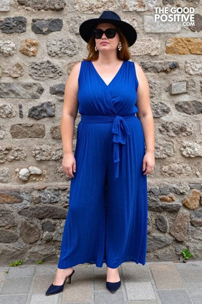 Plus Size Pleated Chiffon Wide-Leg Jumpsuit With Cinched Waist Outfit