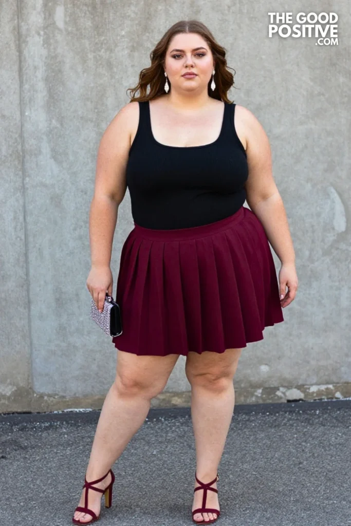 Plus Size Pleated Satin Mini Skirt With Fitted Ribbed Tank Club Outfit