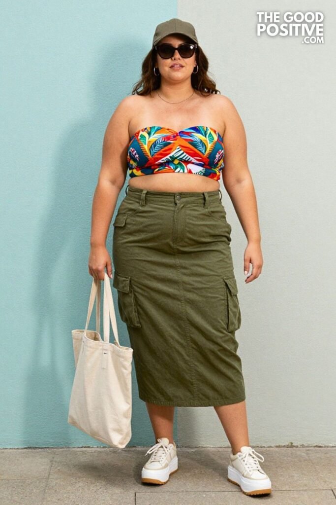 Plus Size Printed Bandeau Crop Top With High-Waisted Cargo Midi Skirt Outfit