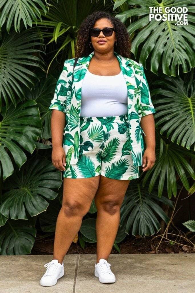 Plus Size Printed Linen Co-ord Shorts Set With Blazer Outfit