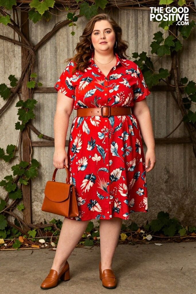 Plus Size Printed Shirt Dress With Cinched Waist Belt Outfit