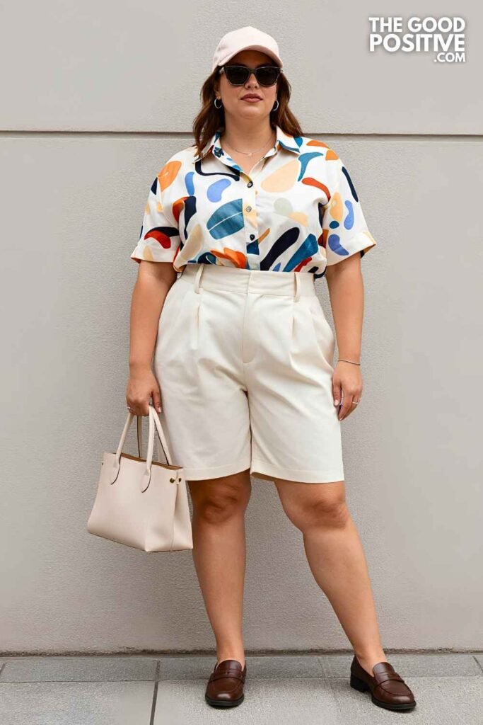 Plus Size Printed Shirt With Tailored Bermuda Shorts Smart Casual Japan City Outfit