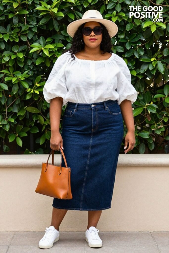Plus Size Puff Sleeve Linen Blouse With High-Waisted Straight Midi Denim Skirt Outfit