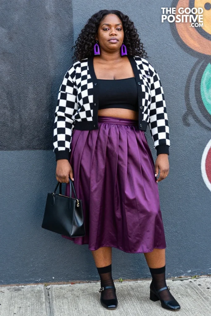 Plus Size Punk Checkerboard Crop Cardigan With Pleated Midi Skirt Outfit
