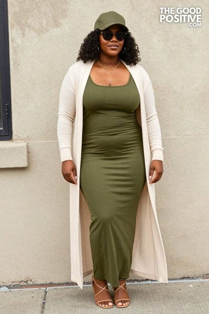 Plus Size Ribbed Knit Maxi Dress With Open-Front Cardigan Outfit