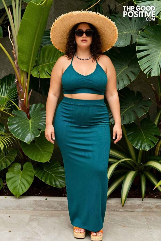 Plus Size Ribbed Knit Maxi Skirt With Cropped Halter Top Tropical Resort Outfit