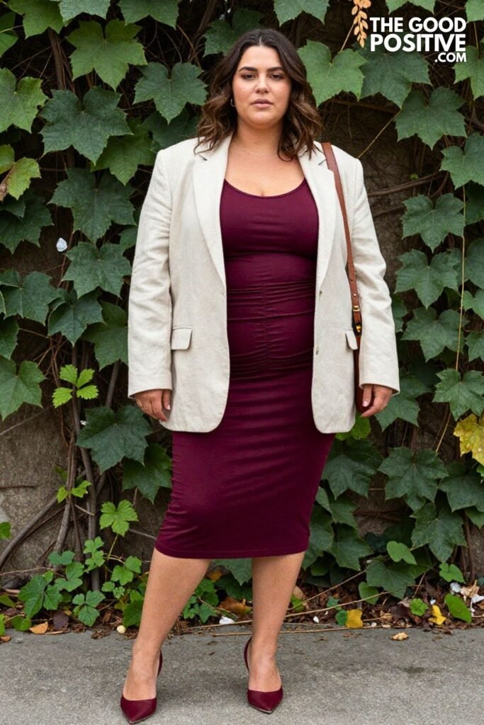 Plus Size Ruched Jersey Midi Dress With Structured Blazer Outfit