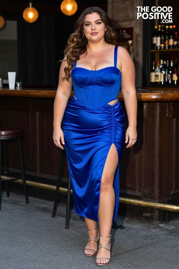 Plus Size Ruched Satin Midi Skirt With Cropped Corset Top Outfit