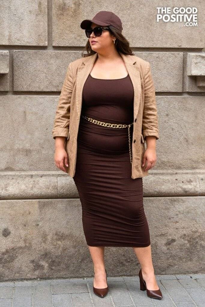 Plus Size Ruched Side Bodycon Midi Dress With Longline Blazer Outfit