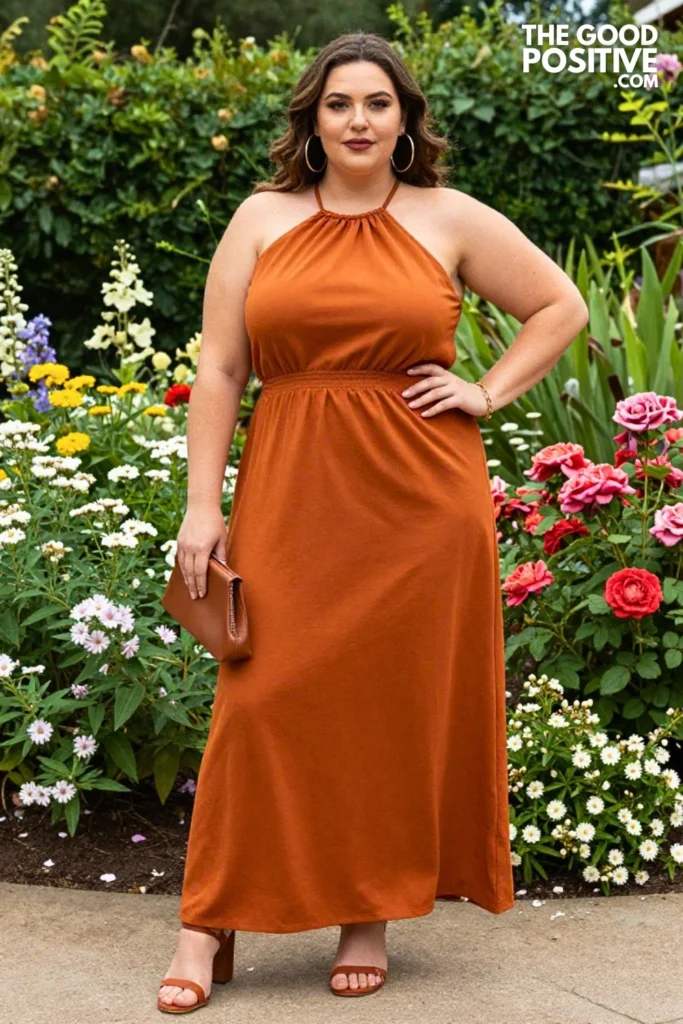 Plus Size Rust Colored Halter Maxi Dress With Strappy Heels And Hoop Earrings Outfit