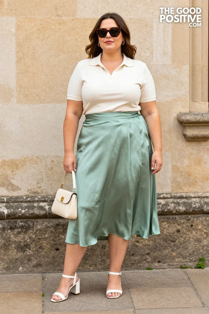 Plus Size Sage Green Pleated Midi Skirt and Fitted Polo Shirt Outfit