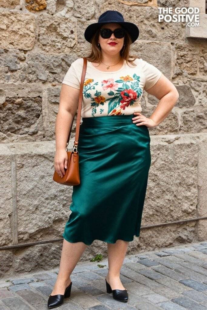 Plus Size Satin Midi Slip Skirt With Graphic Tee Knot Outfit