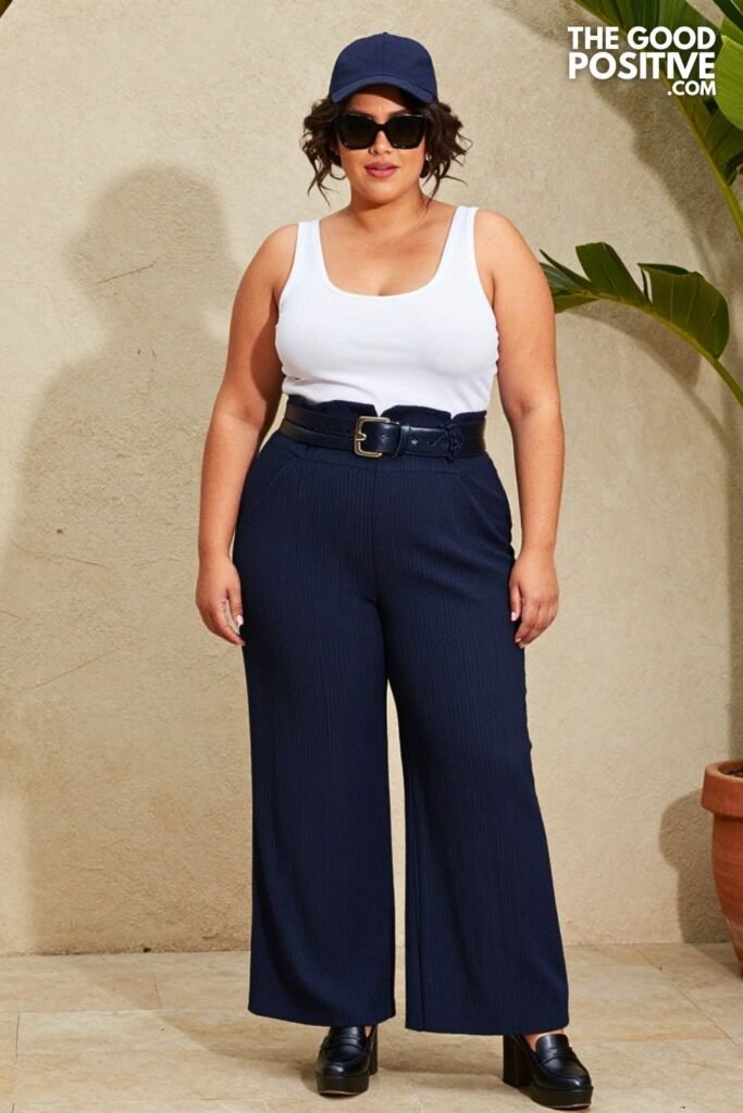 Plus Size Scoop Neck Fitted Tank With Pleated Culottes And Statement Belt Outfit
