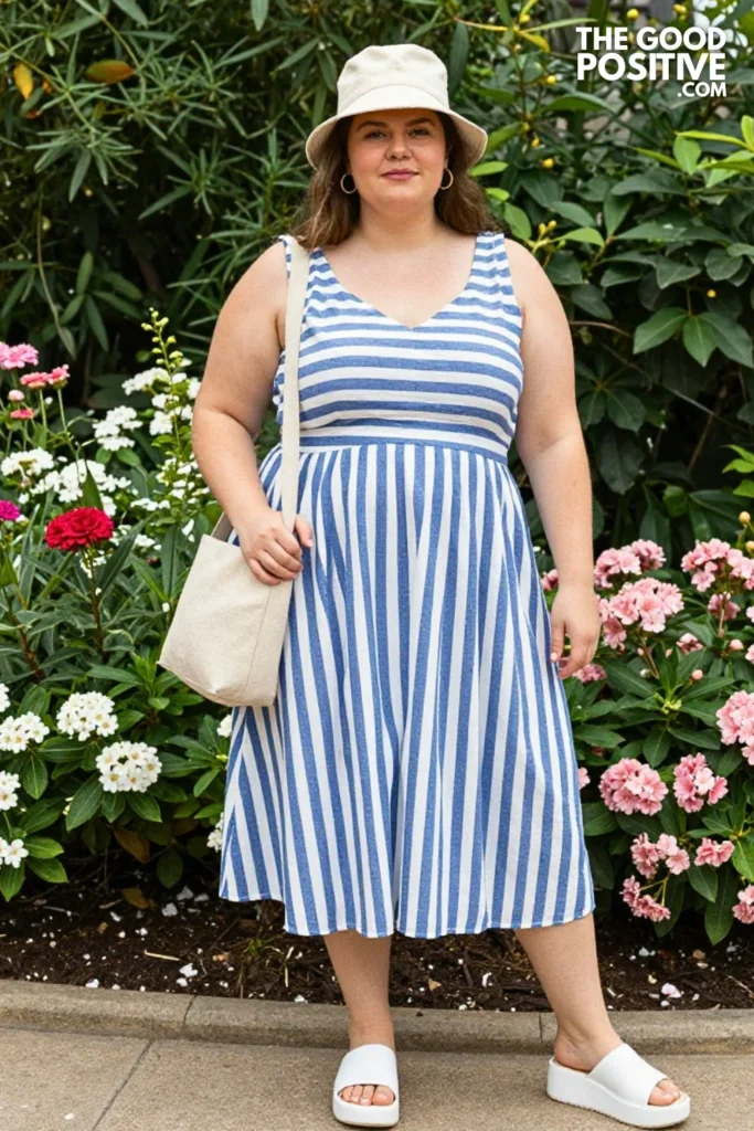 Plus Size Seersucker Midi Dress With Platform Sandals And Bucket Hat Outfit