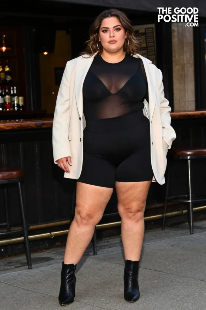 Plus Size Sheer Long-Sleeve Top With Biker Shorts and Blazer Outfit