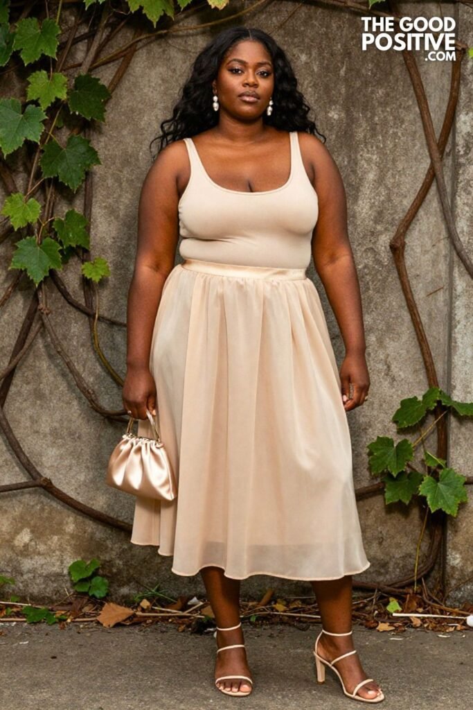 Plus Size Sheer Organza Overlay Midi Skirt With Fitted Bodysuit Outfit