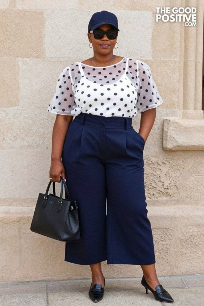 Plus Size Sheer Polka Dot Blouse With High-Waist Culotte Outfit