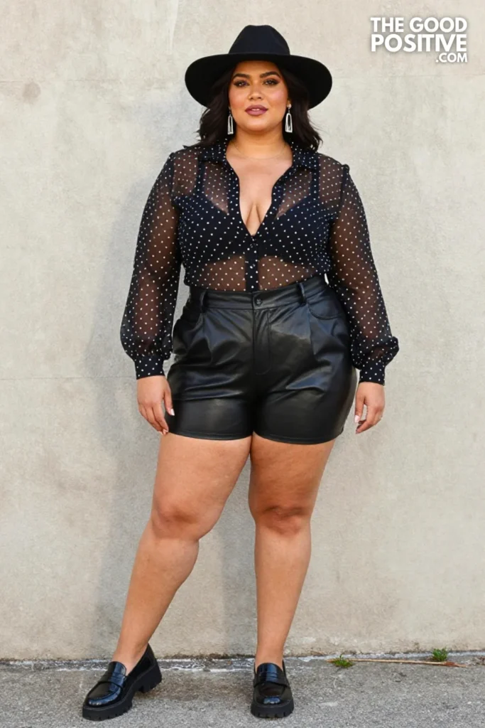 Plus Size Sheer Polka Dot Blouse With Leather Bermuda Shorts Outfit