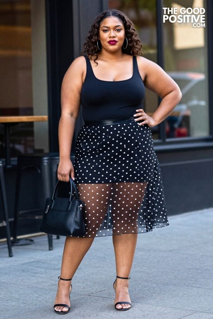 Plus Size Sheer Polka Dot Midi Skirt With Fitted Tank Bodysuit Outfit
