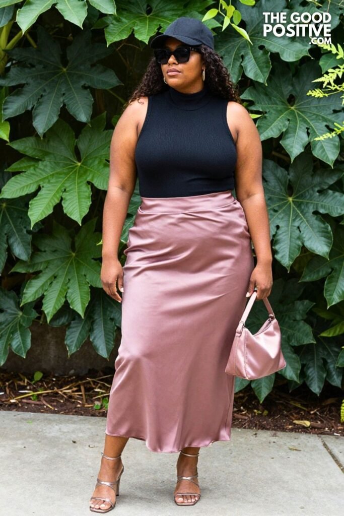 Plus Size Sleeveless Turtleneck Bodysuit With High-Waisted Satin Bias-Cut Midi Skirt Outfit