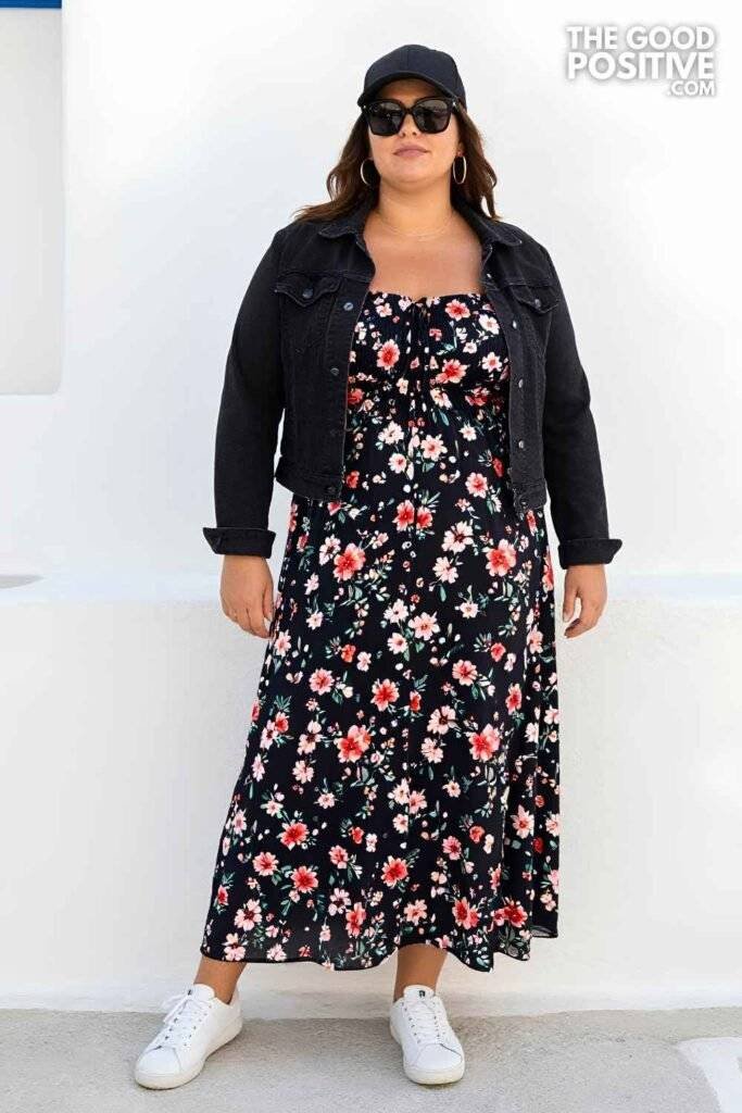 Plus Size Smocked Bodice Maxi Dress With Denim Jacket Casual Europe Summer Outfit