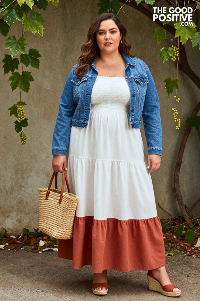Plus Size Smocked Bodice Maxi Dress With Denim Jacket Outfit
