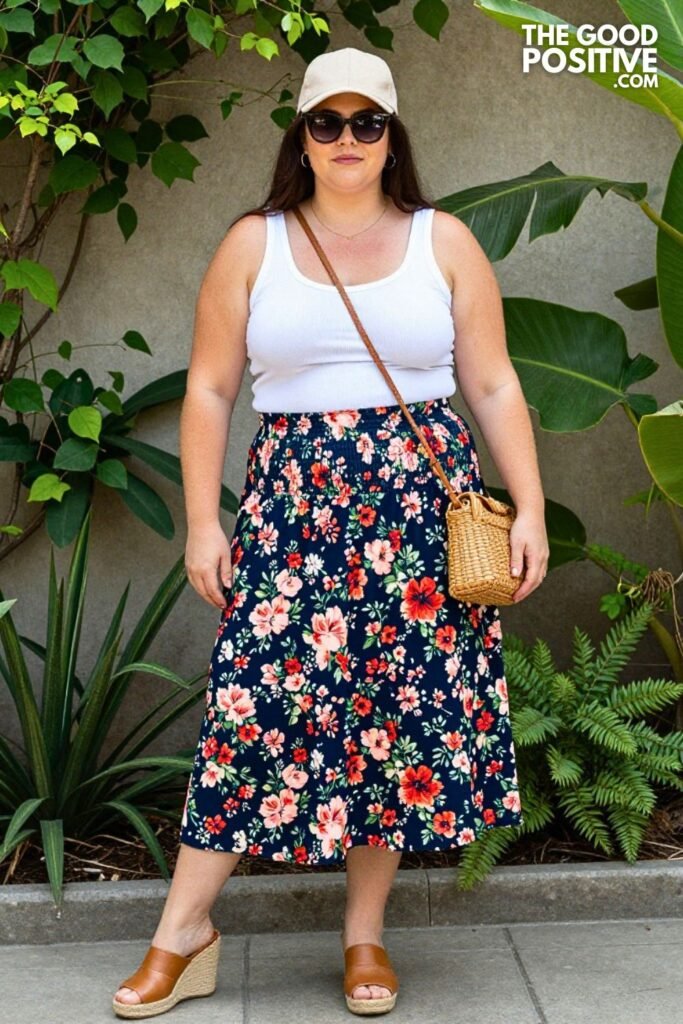 Plus Size Smocked Bodice Midi Skirt With Fitted Ribbed Tank Outfit