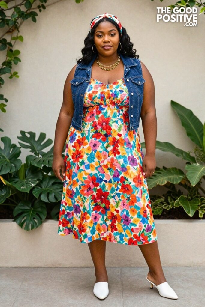 Plus Size Smocked Floral Sundress With Cropped Denim Vest Outfit