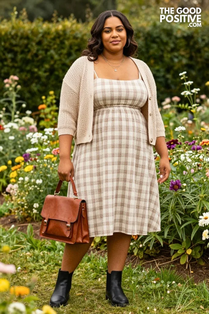Plus Size Soft Plaid Smock Dress With Chelsea Boots And Longline Cardigan Outfit