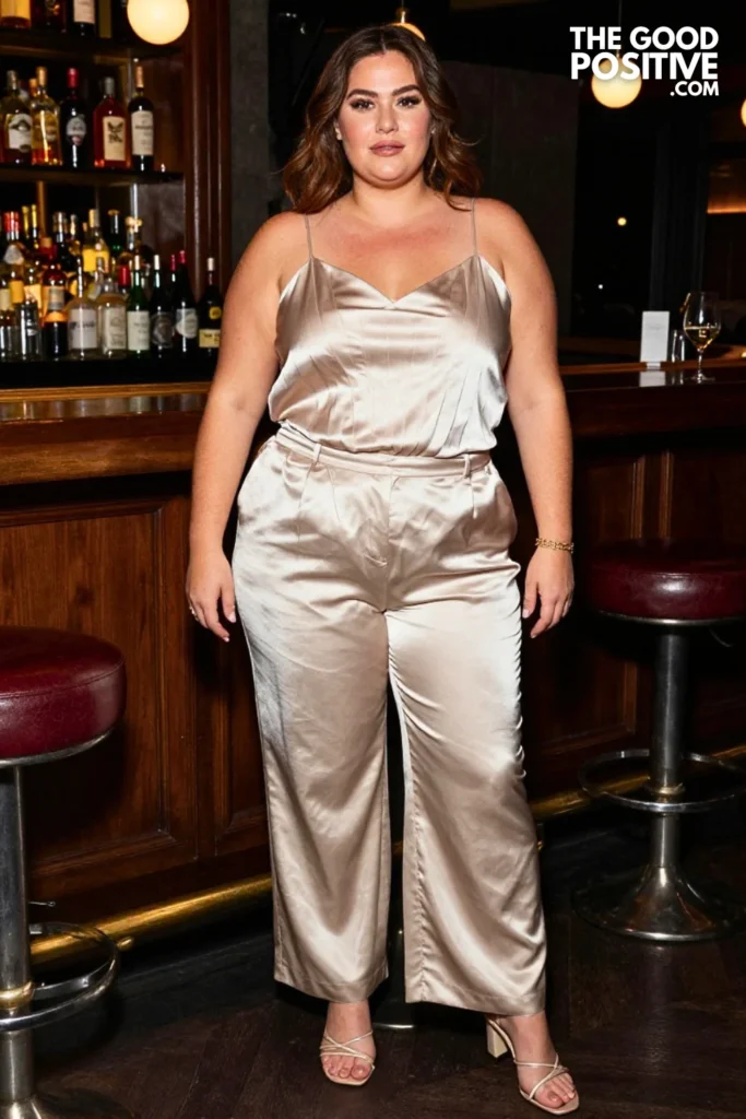 Plus Size Spaghetti Strap Pleated Satin Top With Matching Trouser Set Outfit