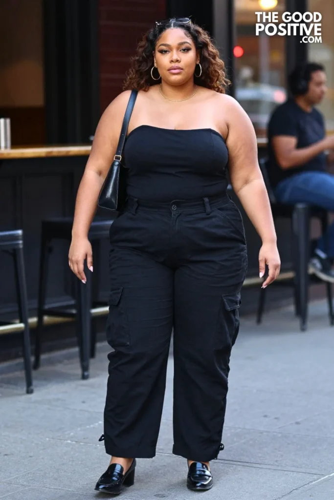 Plus Size Strapless Bandeau Top With High-Waist Cargo Trousers Outfit