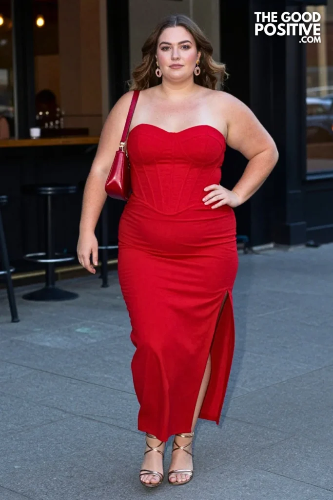 Plus Size Strapless Structured Bustier Dress With Thigh Slit Outfit