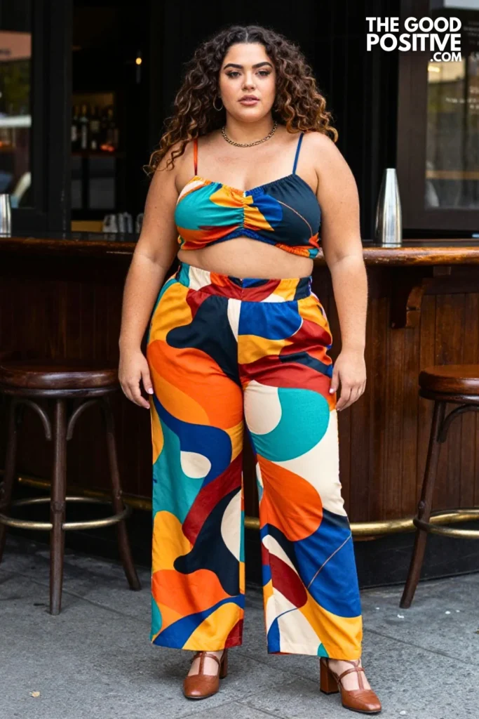 Plus Size Strappy Gathered Crop Top With Wide-Leg Printed Trousers Outfit