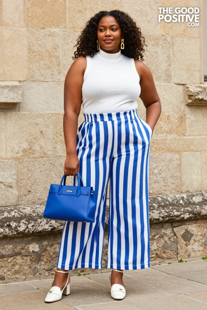 Plus Size Striped Seersucker Wide-Leg Trousers and Sleeveless Turtleneck Top Outfit
