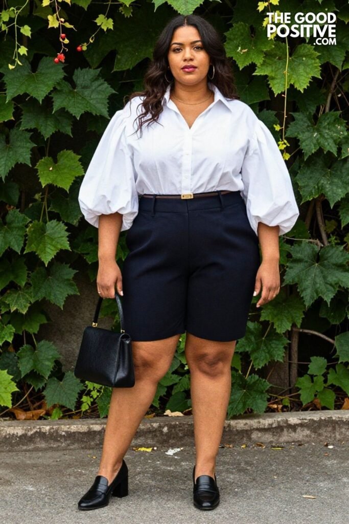 Plus Size Structured Puff-Sleeve Blouse With Tailored Bermuda Shorts Outfit