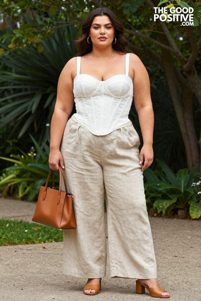 Plus Size Sweetheart Neckline Corset Top With Relaxed Linen Trousers Outfit